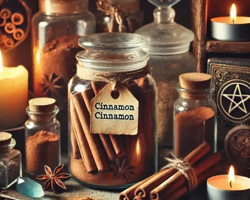 Dall e 2025 03 17 10 55 30 a mystical and realistic photograph of cinnamon sticks and ground cinnamon stored in a transparent glass jar displayed in an enchanting herbalist set