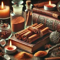 Dall e 2025 03 17 10 55 35 a mystical and realistic photograph of cinnamon sticks and ground cinnamon elegantly displayed in an enchanting herbalist setting perfect for a wicca