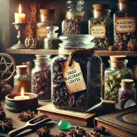 Dall e 2025 03 17 11 05 46 a mystical and realistic photograph of dried blackcurrant leaves ribes nigrum stored in a transparent glass jar displayed in an enchanting herbalis