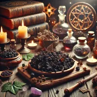 Dall e 2025 03 17 11 05 54 a mystical and realistic photograph of dried blackcurrant leaves ribes nigrum elegantly displayed in an enchanting herbalist setting perfect for a 