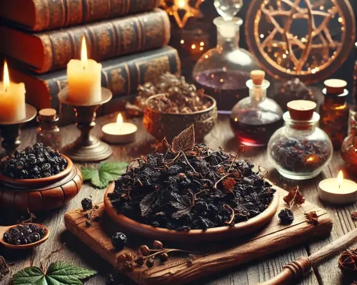 Dall e 2025 03 17 11 05 54 a mystical and realistic photograph of dried blackcurrant leaves ribes nigrum elegantly displayed in an enchanting herbalist setting perfect for a 