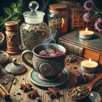 Dall e 2025 03 17 11 14 46 a mystical and realistic photograph of an herbal tea infusion made from dried milk thistle silybum marianum a beautifully crafted ceramic cup fille
