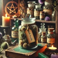 Dall e 2025 03 17 11 14 50 a mystical and realistic photograph of dried milk thistle silybum marianum stored in a transparent glass jar displayed in an enchanting herbalist s