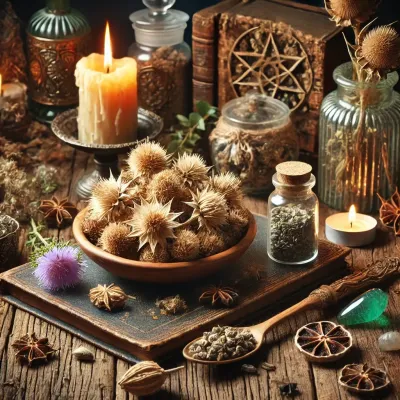 Dall e 2025 03 17 11 14 54 a mystical and realistic photograph of dried milk thistle silybum marianum elegantly displayed in an enchanting herbalist setting perfect for a wic