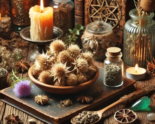 Dall e 2025 03 17 11 14 54 a mystical and realistic photograph of dried milk thistle silybum marianum elegantly displayed in an enchanting herbalist setting perfect for a wic