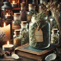 Dall e 2025 03 17 11 22 58 a mystical and realistic photograph of dried wormwood artemisia absinthium stored in a transparent glass jar displayed in an enchanting herbalist s
