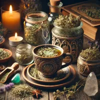 Dall e 2025 03 17 11 23 19 a mystical and realistic photograph of an herbal tea infusion made from dried wormwood artemisia absinthium a beautifully crafted ceramic cup fille