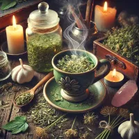 Dall e 2025 03 17 11 31 27 a mystical and realistic photograph of an herbal tea infusion made from dried wild garlic allium ursinum a beautifully crafted ceramic cup filled w