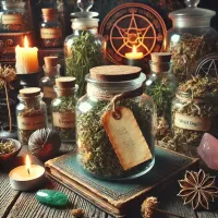 Dall e 2025 03 17 11 31 31 a mystical and realistic photograph of dried wild garlic allium ursinum stored in a transparent glass jar displayed in an enchanting herbalist sett