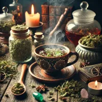 Dall e 2025 03 17 11 34 44 a mystical and realistic photograph of an herbal tea infusion made from dried lady s mantle alchemilla vulgaris a beautifully crafted ceramic cup f