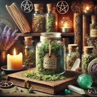 Dall e 2025 03 17 11 34 51 a mystical and realistic photograph of dried lady s mantle alchemilla vulgaris stored in a transparent glass jar displayed in an enchanting herbali