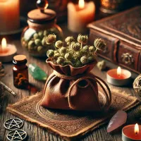 Dall e 2025 03 17 11 37 04 a mystical and realistic photograph of a small medicine pouch made of soft aged leather filled with dried lady s mantle alchemilla vulgaris the p