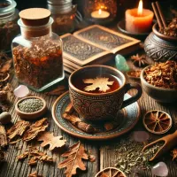 Dall e 2025 03 17 11 40 33 a mystical and realistic photograph of an herbal tea infusion made from dried oak bark quercus robur a beautifully crafted ceramic cup filled with 
