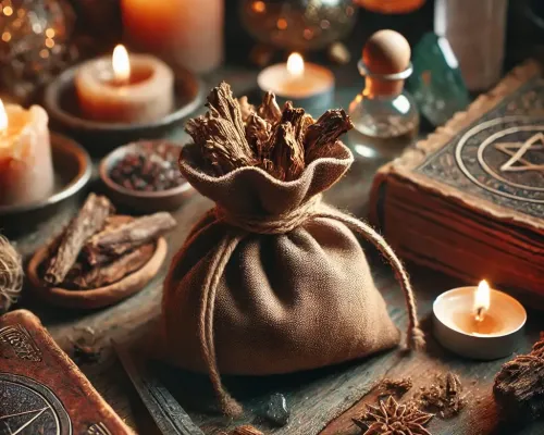 Dall e 2025 03 17 11 40 37 a mystical and realistic photograph of a small medicine pouch made of soft aged leather filled with dried oak bark quercus robur the pouch is car