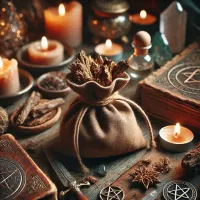 Dall e 2025 03 17 11 40 38 a mystical and realistic photograph of a small medicine pouch made of soft aged leather filled with dried oak bark quercus robur the pouch is car