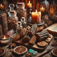 Dall e 2025 03 17 11 40 44 a mystical and realistic photograph of dried oak bark quercus robur elegantly displayed in an enchanting herbalist setting perfect for a wiccan bou