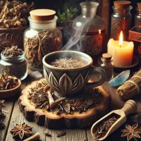 Dall e 2025 03 17 11 54 31 a mystical and realistic photograph of an herbal tea infusion made from dried chicory root cichorium intybus a beautifully crafted ceramic cup fill