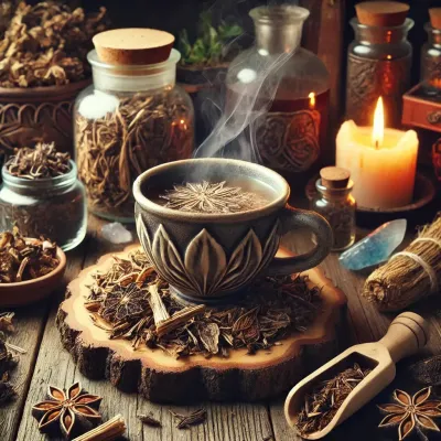 Dall e 2025 03 17 11 54 31 a mystical and realistic photograph of an herbal tea infusion made from dried chicory root cichorium intybus a beautifully crafted ceramic cup fill