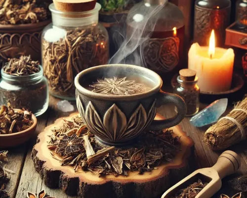 Dall e 2025 03 17 11 54 31 a mystical and realistic photograph of an herbal tea infusion made from dried chicory root cichorium intybus a beautifully crafted ceramic cup fill