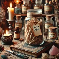 Dall e 2025 03 17 11 54 36 a mystical and realistic photograph of dried chicory root cichorium intybus stored in a transparent glass jar displayed in an enchanting herbalist 