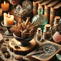 Dall e 2025 03 17 11 54 41 a mystical and realistic photograph of dried chicory root cichorium intybus elegantly displayed in an enchanting herbalist setting perfect for a wi