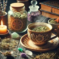 Dall e 2025 03 17 12 04 12 a mystical and realistic photograph of an herbal tea infusion made from dried verbena verbena officinalis a beautifully crafted ceramic cup filled 