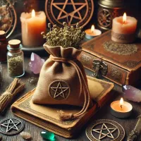 Dall e 2025 03 17 12 04 15 a mystical and realistic photograph of a small medicine pouch made of soft aged leather filled with dried verbena verbena officinalis the pouch i