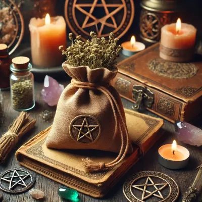 Dall e 2025 03 17 12 04 15 a mystical and realistic photograph of a small medicine pouch made of soft aged leather filled with dried verbena verbena officinalis the pouch i