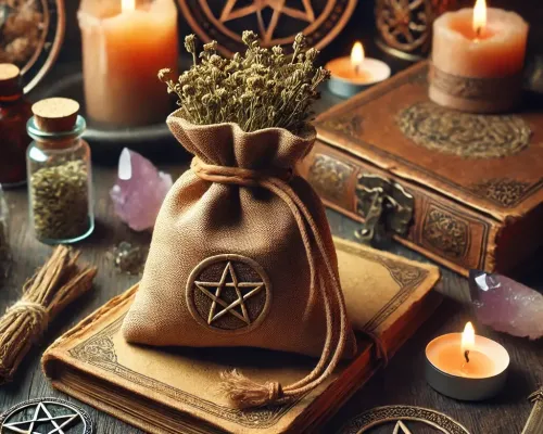 Dall e 2025 03 17 12 04 15 a mystical and realistic photograph of a small medicine pouch made of soft aged leather filled with dried verbena verbena officinalis the pouch i