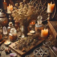 Dall e 2025 03 17 12 04 23 a mystical and realistic photograph of dried verbena verbena officinalis elegantly displayed in an enchanting herbalist setting perfect for a wicca