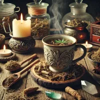Dall e 2025 03 17 14 59 02 a mystical and realistic photograph of an herbal tea infusion made from dried couch grass root elymus repens a beautifully crafted ceramic cup fill