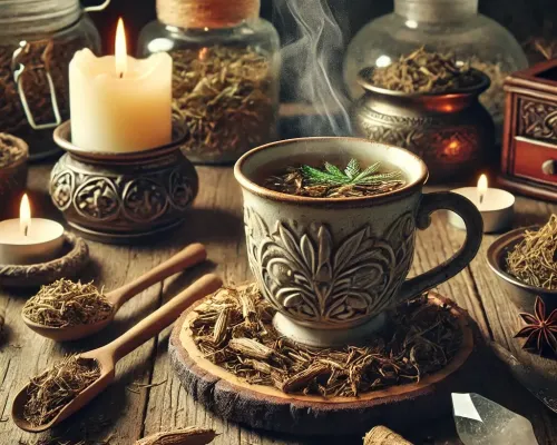 Dall e 2025 03 17 14 59 02 a mystical and realistic photograph of an herbal tea infusion made from dried couch grass root elymus repens a beautifully crafted ceramic cup fill