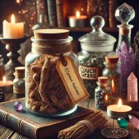 Dall e 2025 03 17 14 59 07 a mystical and realistic photograph of dried couch grass root elymus repens stored in a transparent glass jar displayed in an enchanting herbalist 