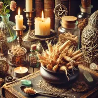 Dall e 2025 03 17 14 59 11 a mystical and realistic photograph of dried couch grass root elymus repens elegantly displayed in an enchanting herbalist setting perfect for a wi