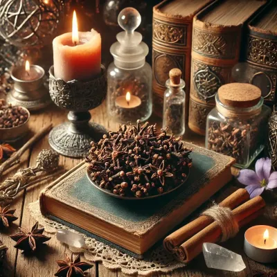 Dall e 2025 03 21 10 42 26 a mystical and realistic photograph of dried cloves syzygium aromaticum elegantly displayed in an enchanting herbalist setting perfect for a wiccan