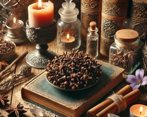 Dall e 2025 03 21 10 42 26 a mystical and realistic photograph of dried cloves syzygium aromaticum elegantly displayed in an enchanting herbalist setting perfect for a wiccan