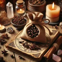 Dall e 2025 03 21 10 42 32 a mystical and realistic photograph of a small medicine pouch made of soft aged leather filled with dried cloves syzygium aromaticum the pouch is