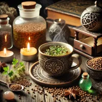 Dall e 2025 03 21 11 42 48 a mystical and realistic photograph of an herbal tea infusion made from dried coriander seeds a beautifully crafted ceramic cup filled with steaming 
