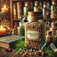 Dall e 2025 03 21 11 42 51 a mystical and realistic photograph of dried coriander seeds and leaves stored in a transparent glass jar displayed in an enchanting herbalist settin
