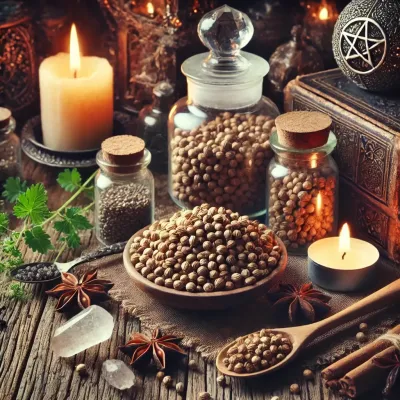 Dall e 2025 03 21 11 42 57 a mystical and realistic photograph of dried coriander seeds and leaves elegantly displayed in an enchanting herbalist setting perfect for a wiccan 
