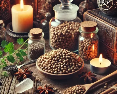 Dall e 2025 03 21 11 42 57 a mystical and realistic photograph of dried coriander seeds and leaves elegantly displayed in an enchanting herbalist setting perfect for a wiccan 