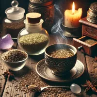 Dall e 2025 03 21 11 52 07 a mystical and realistic photograph of an herbal tea infusion made from dried cumin seeds cuminum cyminum a beautifully crafted ceramic cup filled 