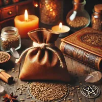 Dall e 2025 03 21 11 52 23 a mystical and realistic photograph of a small medicine pouch made of soft aged leather filled with dried cumin seeds cuminum cyminum the pouch i