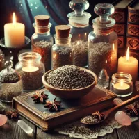 Dall e 2025 03 21 11 52 28 a mystical and realistic photograph of dried cumin seeds cuminum cyminum elegantly displayed in an enchanting herbalist setting perfect for a wicca