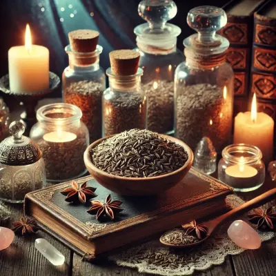 Dall e 2025 03 21 11 52 28 a mystical and realistic photograph of dried cumin seeds cuminum cyminum elegantly displayed in an enchanting herbalist setting perfect for a wicca
