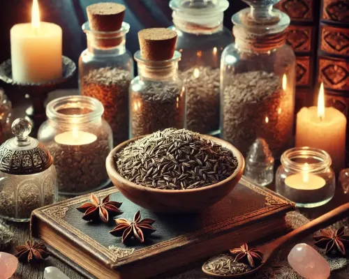 Dall e 2025 03 21 11 52 28 a mystical and realistic photograph of dried cumin seeds cuminum cyminum elegantly displayed in an enchanting herbalist setting perfect for a wicca