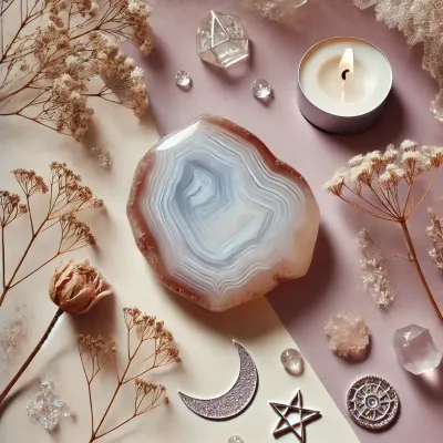 Dall e 2025 03 24 15 46 47 a light and mystical photograph of a polished agate crystal placed on a soft mauve and beige background the agate stone is surrounded by delicate dr